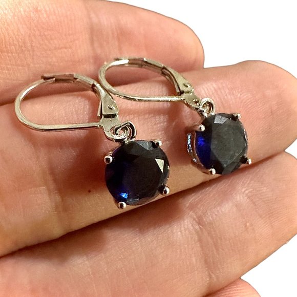 Sapphire Earrings Sterling Silver 925 Leverback Earrings Dangle lab-created - Picture 7 of 10
